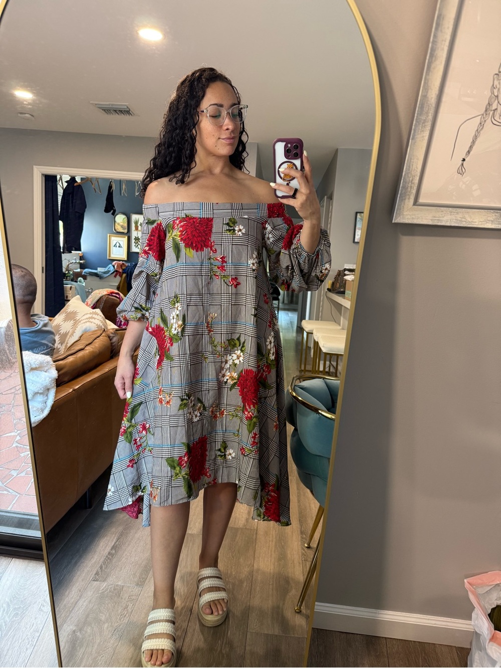 NWT GRACIA Floral Plaid Off Shoulder Dress Open Back in Gray and Red